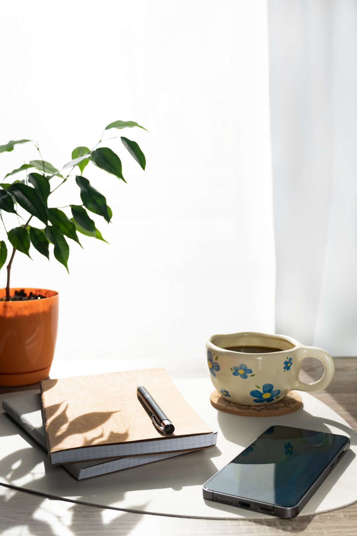 Bright workspace with potted plant, notebooks, and mug