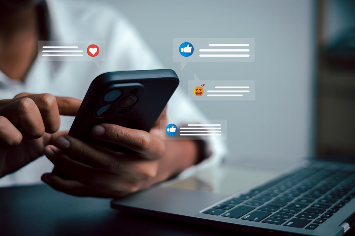 Social promo — smartphone with floating social media engagement notifications